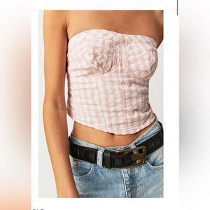 Free People Pink Gingham Strapless Crop Top